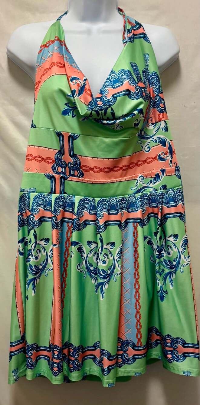 Green Coral Scarf Print Halter Dress Open Back Tie Waist XXL